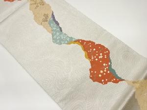 道長取に草花・松・色紙散らし模様織出し袋帯